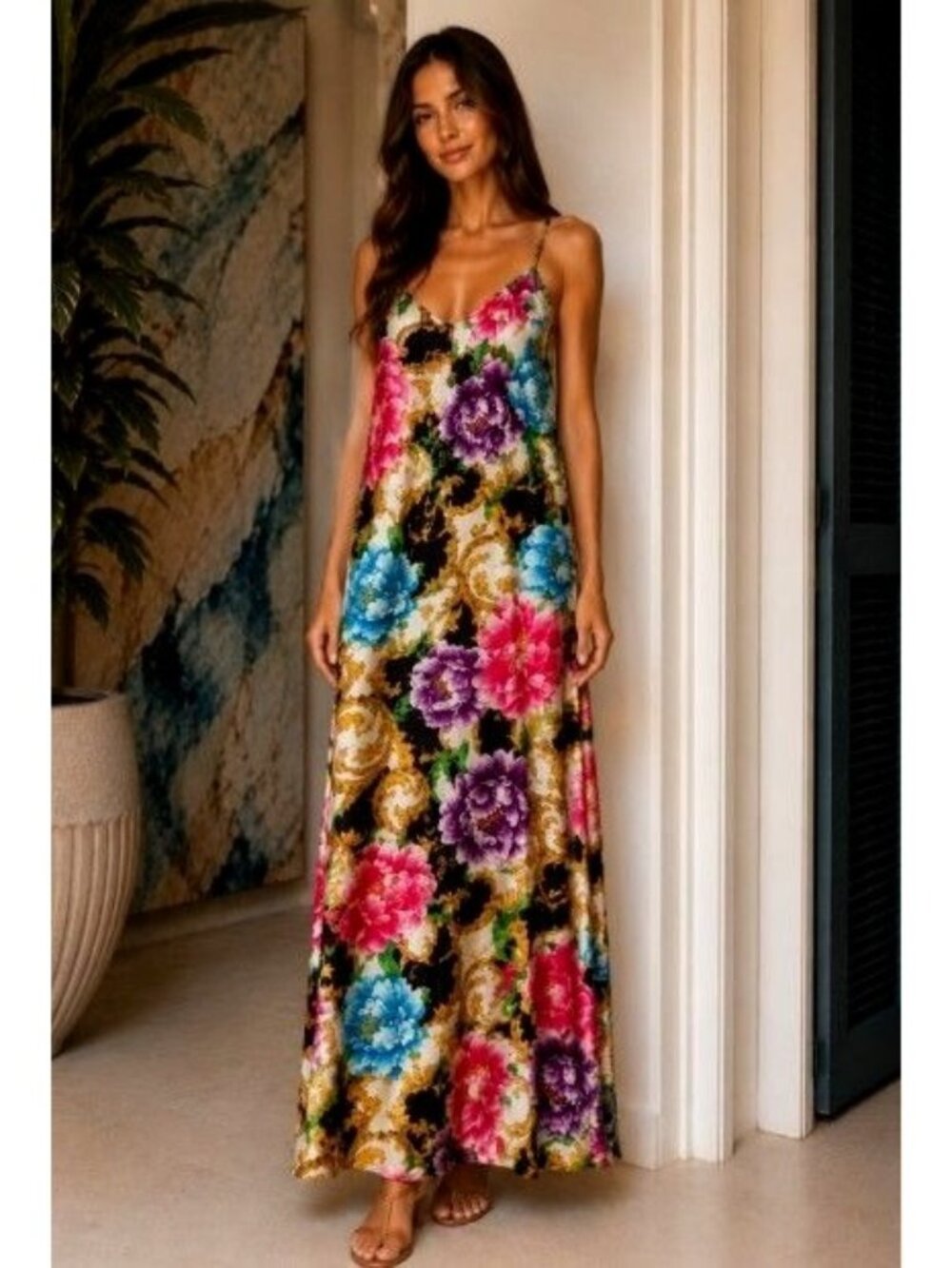 Mary McFadden Baroque Floral Maxi Dress Resort Glam Goddess M Silky Glossy Glam